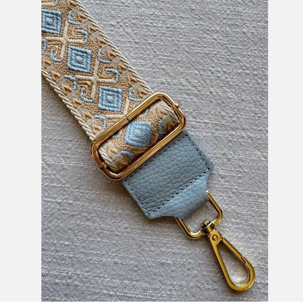 Wide Cotton Bag Strap with Leather Ends, Gold Hardware, Blue & Beige